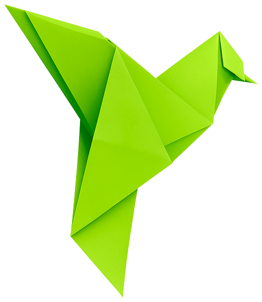 Pájaro de origami verde de papel plegado sobre fondo transparente.