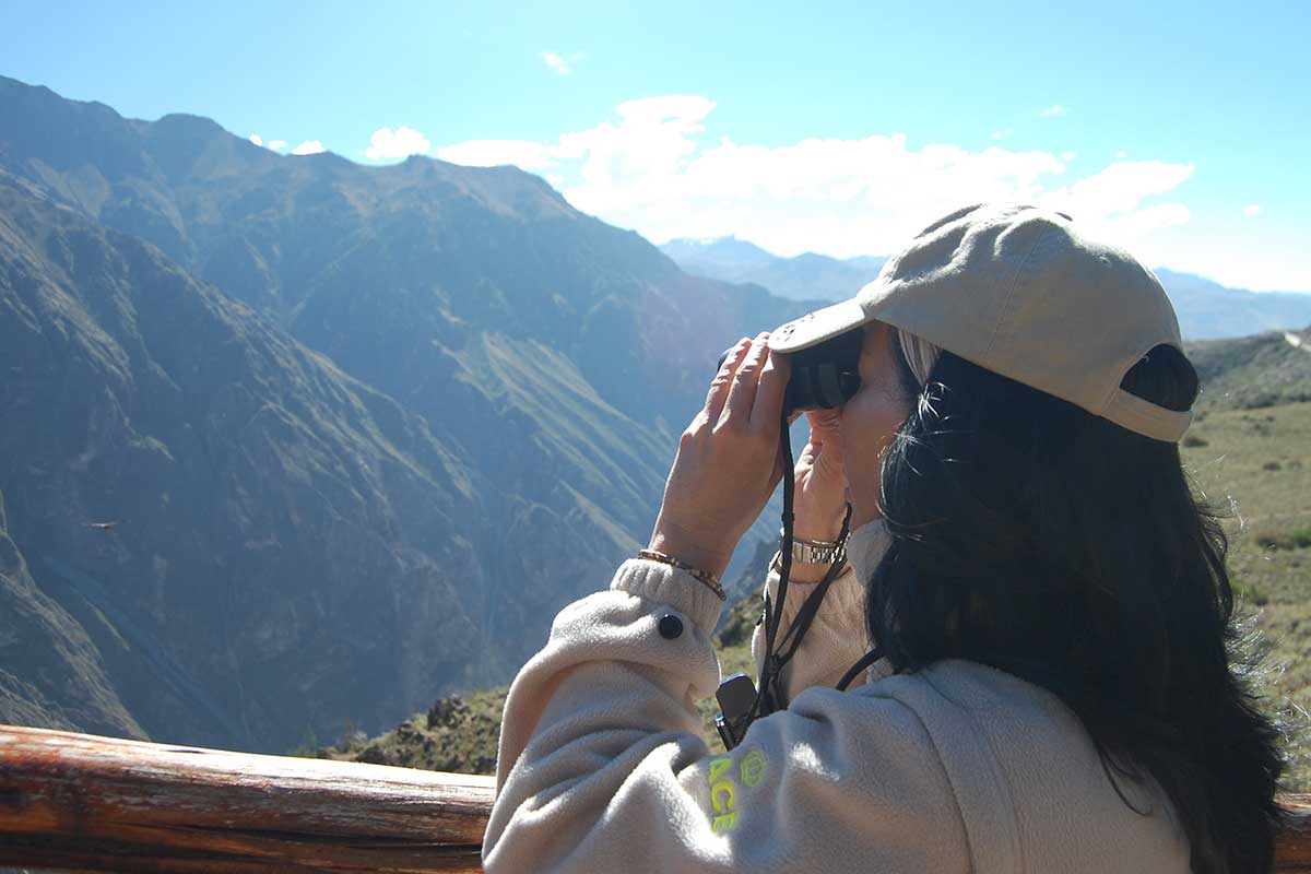 Una persona con chaqueta ligera y gorra utiliza unos prismáticos para observar un paisaje de montaña bajo un cielo despejado.