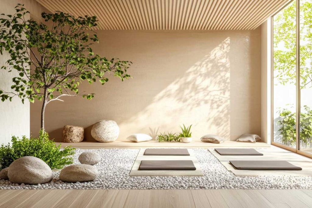 Sala de meditación zen minimalista con cojines en el suelo, piedras lisas, plantas de interior y luz natural procedente de grandes ventanales. Los tonos neutros y el techo de madera contribuyen a crear un ambiente tranquilo.
