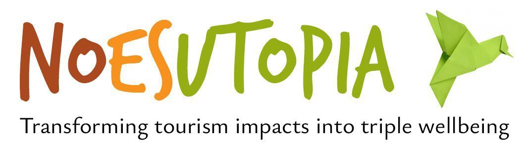 Logotipo con el texto "NOESUTOPIA" y un pájaro de origami verde, con el lema "Transformar los impactos del turismo en triple bienestar" debajo.